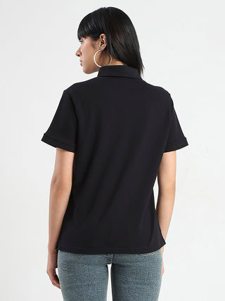 Madame Collared Solid Black Cotton Blend Polo T-Shirt