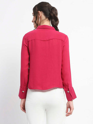 Madame Embellished Button Down Solid Hot Pink Shirt