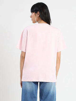 Madame Graphic Foil Print Handwork Detail Pink Cotton T-shirt