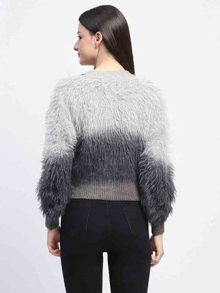 Madame Embellished Ombre V Neck Grey Sweater
