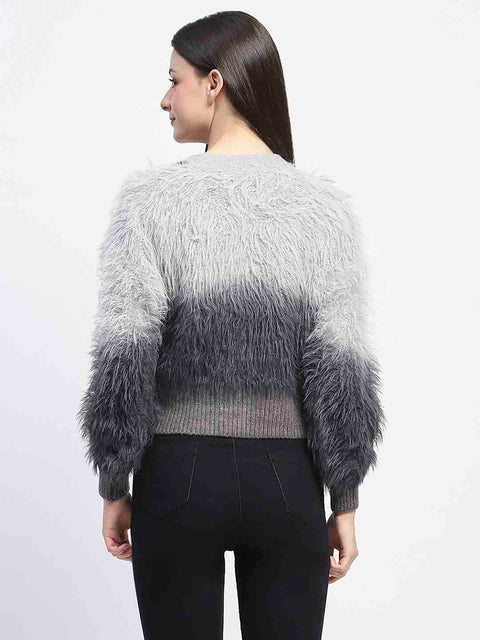 Madame Embellished Ombre V Neck Grey Sweater