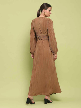Madame Pleated Front Buckle Detailed Solid Golden Maxi Dress