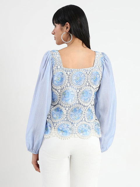 Madame Printed Powder Blue Tencel Blend Crochet Top