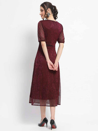 Madame Shimmery Corset Detailed Puff Sleeved Plum Midi Dress