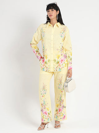 Madame Printed Shirt and Trousers Yellow Cotton Co-ord Set