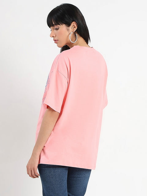 Madame Floral Print Oversize Fit  Peach Cotton T-shirt