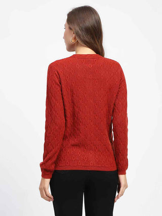 Madame Geometric Pattern Rust Crew Neck Cardigan