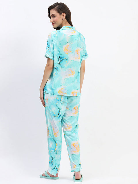 mSECRET Marble Print Button Down Aqua Night Suit