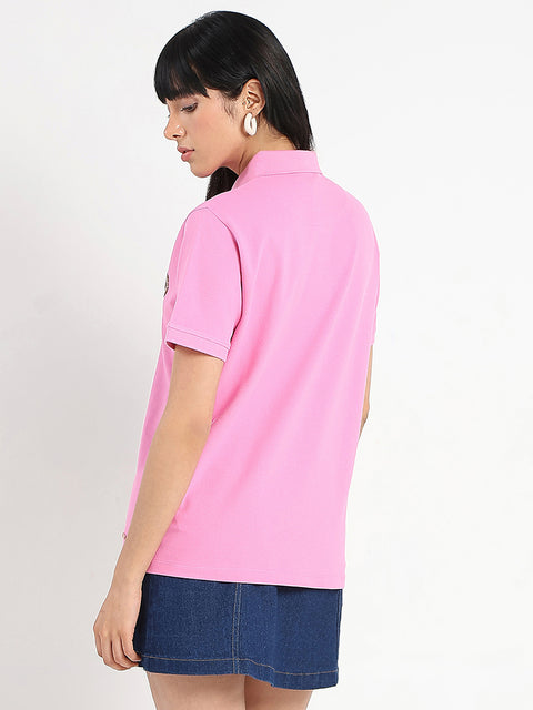 Madame Graphic Print Adorned Cotton Blend Pink Polo T-shirt