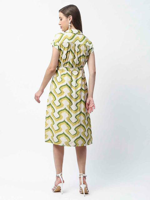 Madame Green Cotton Printed Shirt Dress