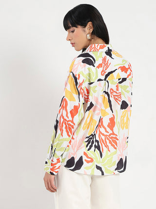 Madame Abstract Print Buttoned Off White Linen Shirt