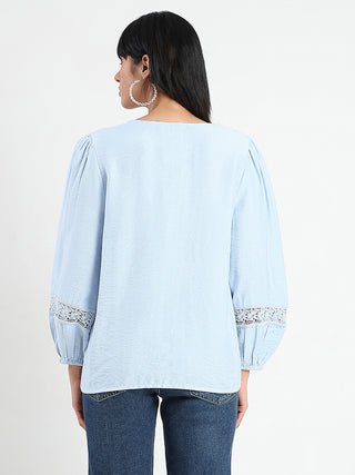Madame Tie Neck Powder Blue Rayon Blend Top