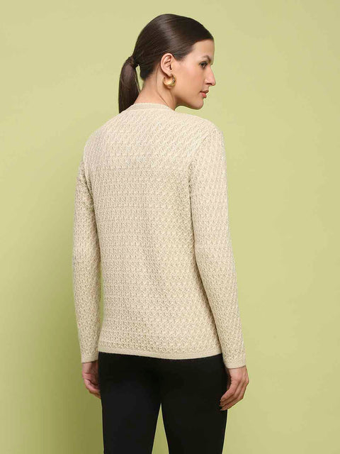 Madame Glossy Buttoned Cable Knit Beige Cardigan