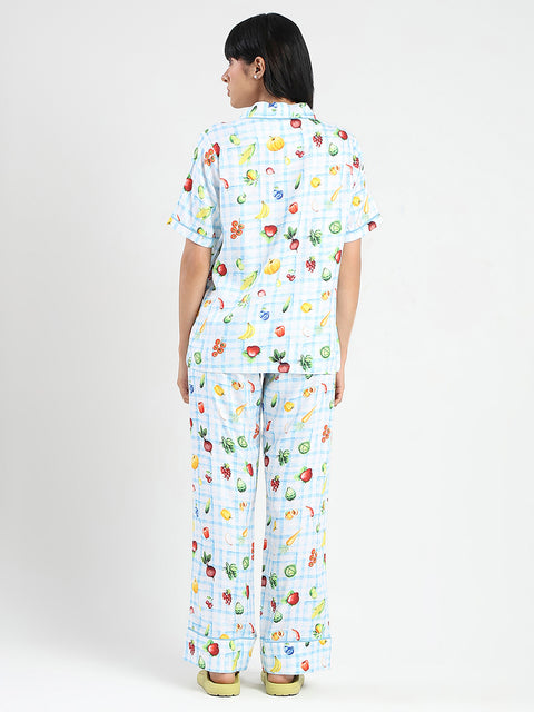 mSECRET Graphic Print Chequered Top and Bottoms Blue Nightsuit