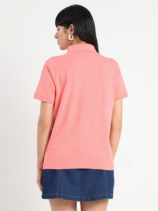 Madame Collared Solid Coral Cotton Blend Polo T-Shirt