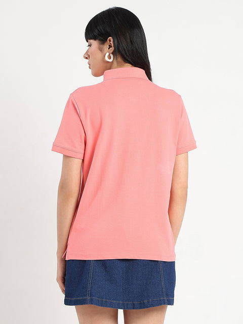 Madame Collared Solid Coral Cotton Blend Polo T-Shirt
