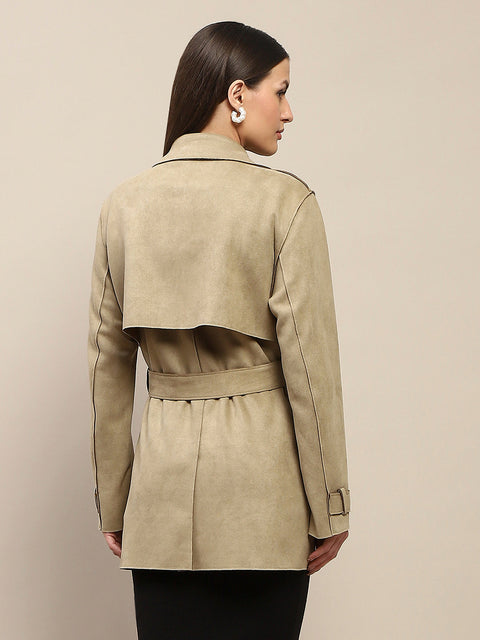 Madame Double Breasted Belted Solid Pista Green Trench Coat