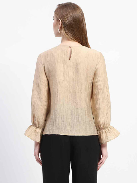 Madame 3D Flower Detailed Round Neck Solid Beige Top