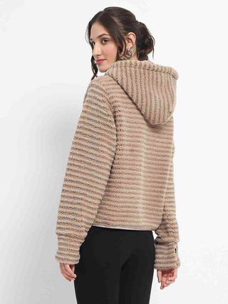 Madame Faux Fur Self Design Brown Sweatshirt