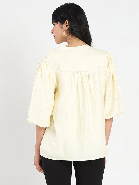 Madame Textured Ruffle Neck Rayon Blend Off White Top