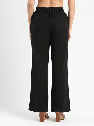 Madame Solid Black Wide Leg Rayon Blend Trousers