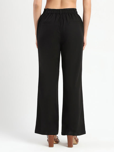 Madame Solid Black Wide Leg Rayon Blend Trousers