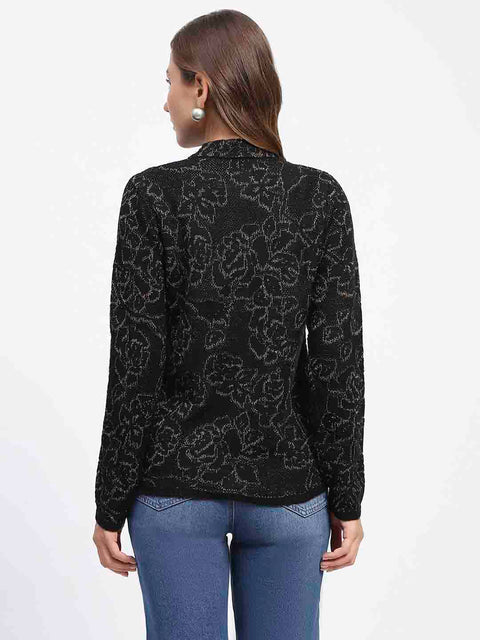 Madame Black Shimmer Printed Buttoned Cardigan
