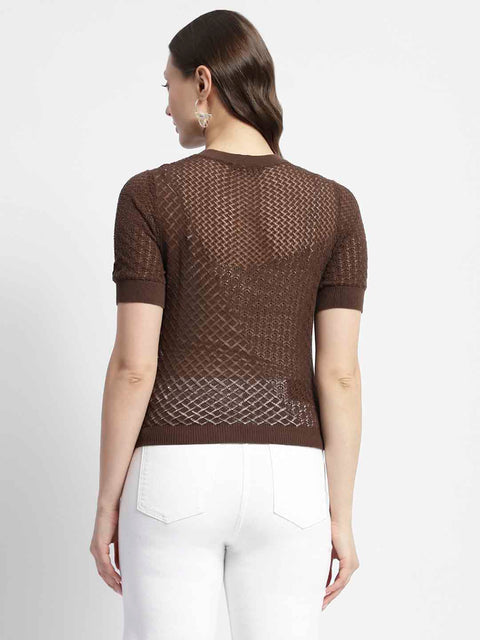Madame Crew Neck Brown Knit Top