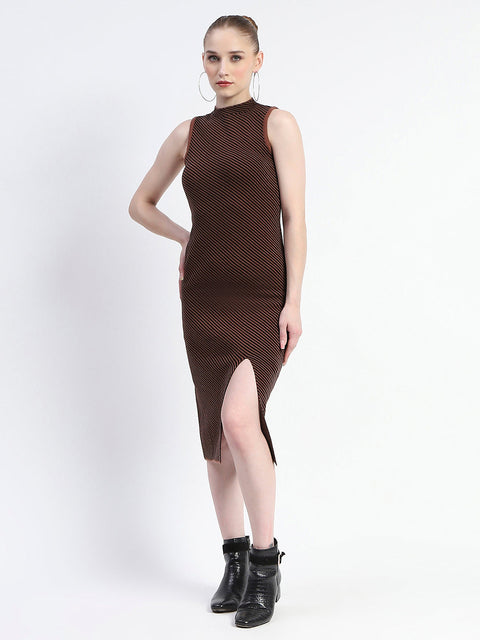 Madame Diagonal Stripe Brown Shrug And Midi Dress Co-Ord Set