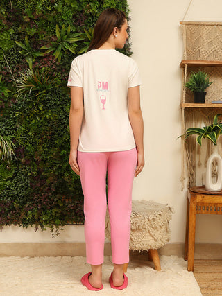 mSECRET Printed Top and Bottom Off White Cotton Night Suit