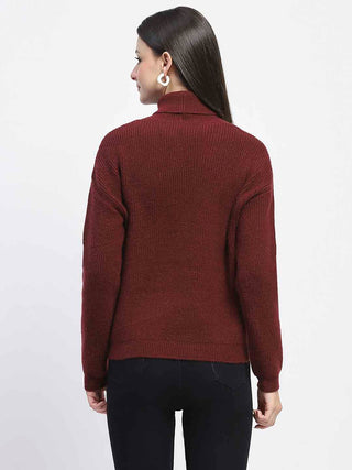 Madame Self Design Wine Red Turtleneck Sweater
