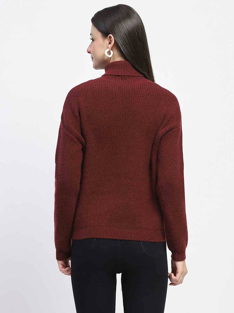 Madame Self Design Wine Red Turtleneck Sweater