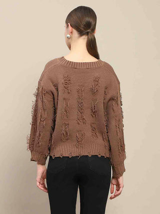 Madame Ripped Knitted V Neck Brown Sweater