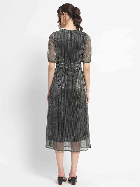 Madame Shimmery Corset Detailed Puff Sleeved Black Midi Dress