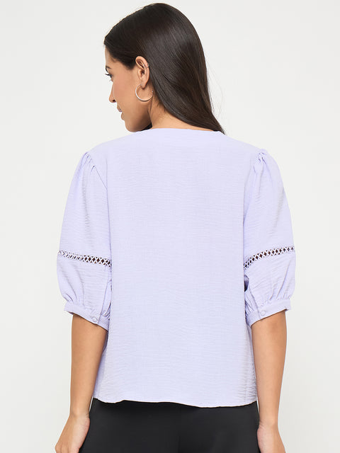 Madame Lace Detailed V-Neck Solid Lilac Knit Top
