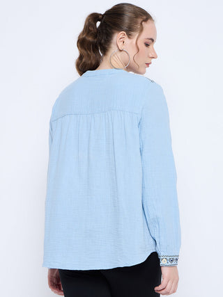 Madame Cotton Embroidery Detailed Sky Blue Top