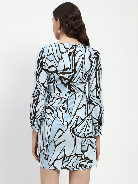 Madame Butterfly Print Wrap Style Surplice Neck Sky Blue Mini Dress
