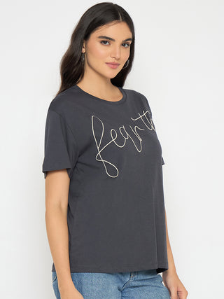 Madame Typography Print Charcoal Black Cotton T-shirt