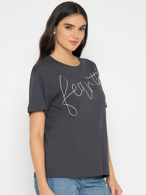 Madame Typography Print Charcoal Black Cotton T-shirt
