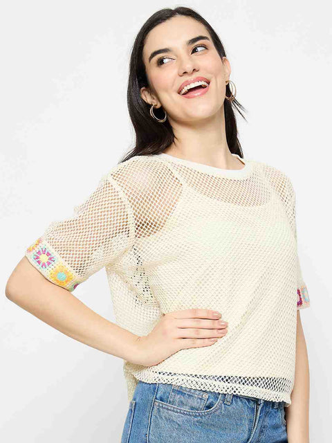 Madame Embroidered Semi Sheer Two Piece Ivory Top