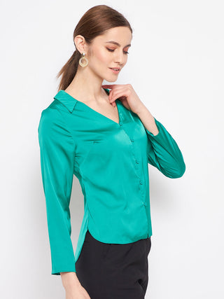 Madame V-Neck Solid Green Satin Shirt