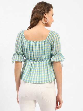 Madame Chequered Blue Off-Shoulder Top