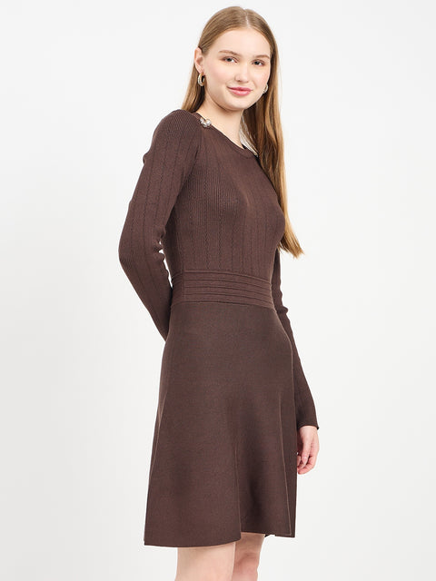 Madame Embellished Fit and Flare Coffee Knit Dress