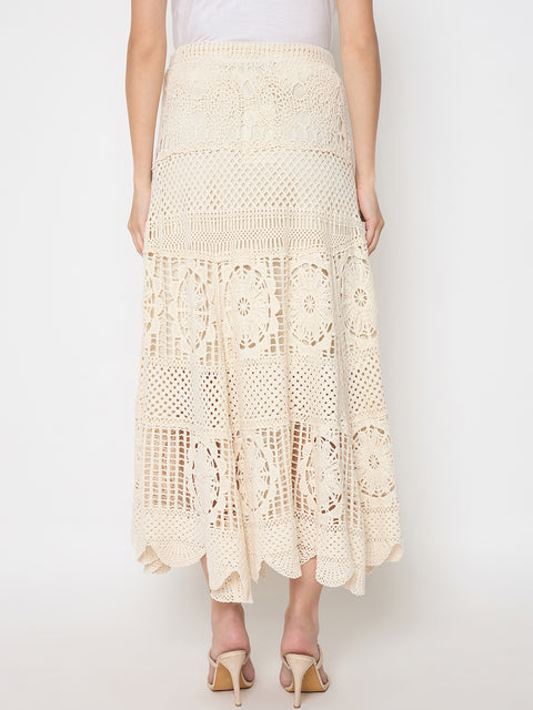 Madame Cotton Crochet Lace Tiered Beige Maxi Skirt