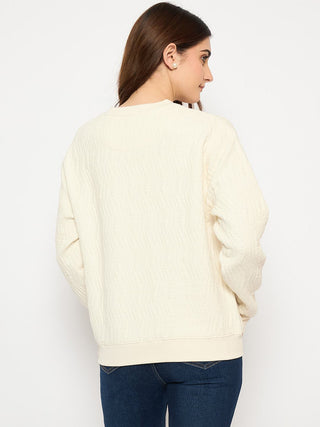Madame Knitted Self-Textured Off White Sweatshirt
