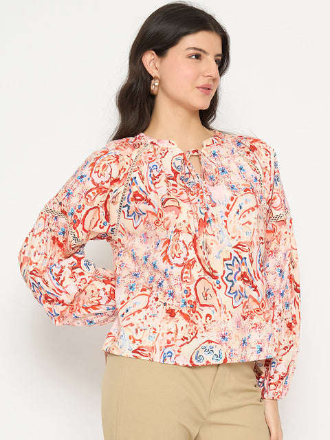 Madame Smocking Detailed Printed Red Cotton Top