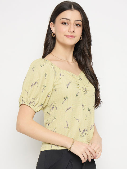 Madame Women’s Yellow Ruched Puff Sleeve Top