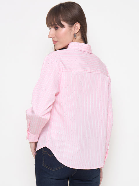 Madame Striped Cuff Sleeve Shirt Collar Pink Shirt