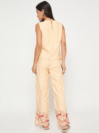 Madame Floral Embroidered Hem Top and Bottom Beige Co-ord Set