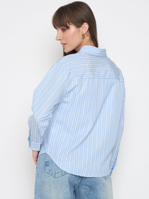 Madame Striped Cuff Sleeve with Shirt Collar Blue Shirt